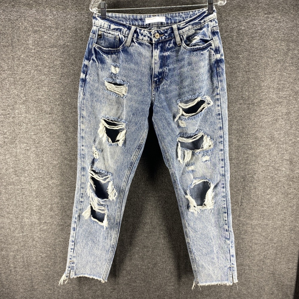 Kancan Distressed Mom Jeans Womens 7/27 Light Acid Wash High Rise KC5201M
